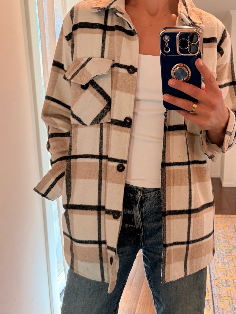 Thread & Supply Plaid Button-Front Shacket Jacket in Beige and Black